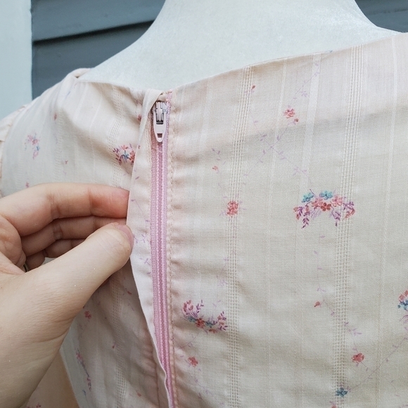 Vintage 70s Handmade Cottagecore Prairie Peach Pink Floral Lace Midi Dress Sm - Picture 4 of 8